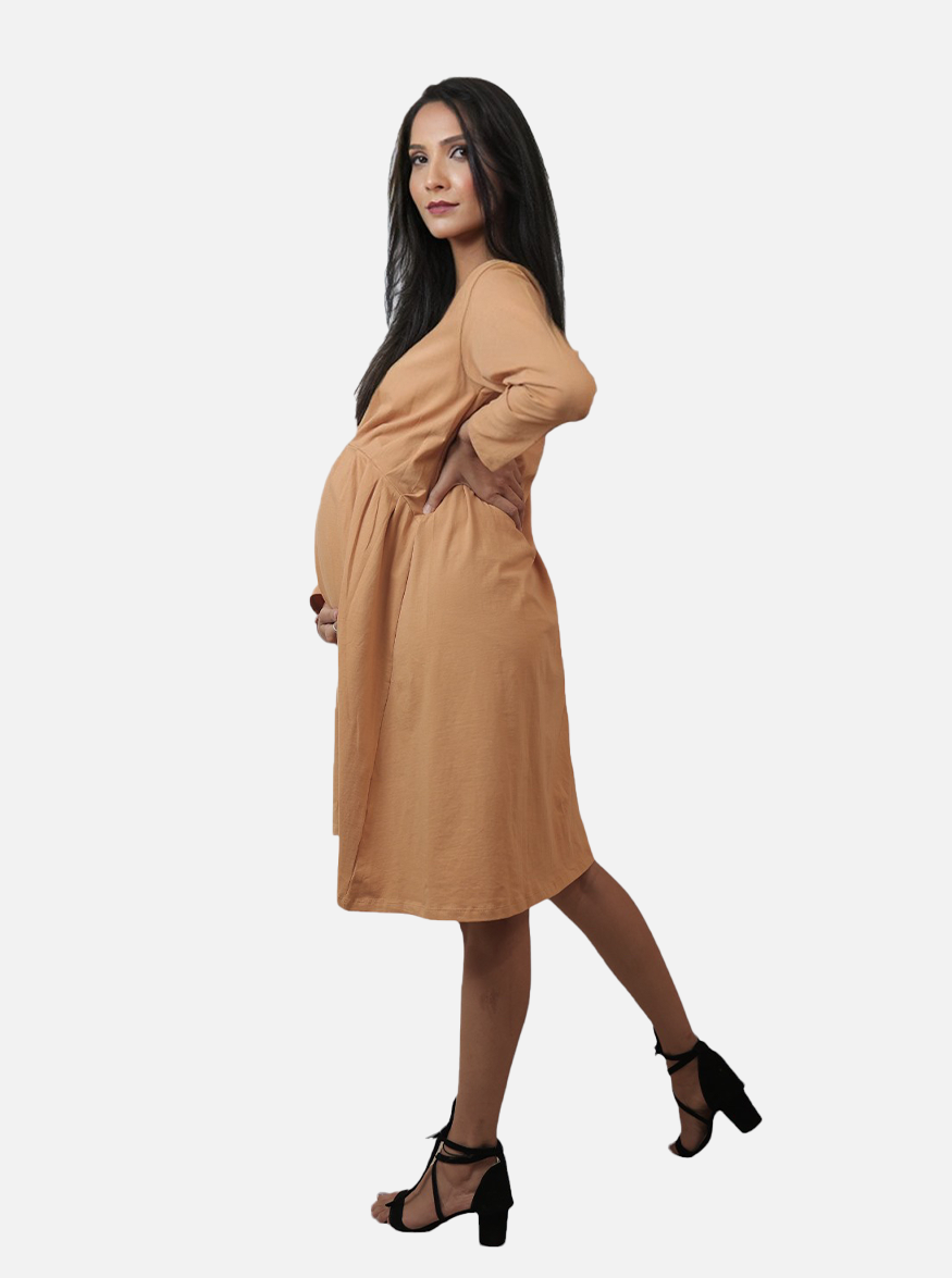 Mustard Printed Flared Maternity Dress for Women